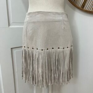 FORNIA Sz L Faux Suede Fringe Mini Skirt Beige Boho Hippie Western Festival